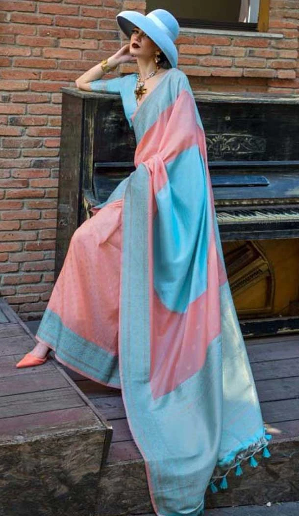 Peach Soft Silk Zari Work Party Wear Saree - 10449194025