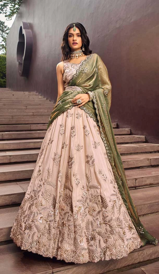 Viscose Rayon Embroidered Designer Wear Lehenga Choli In Beige - 10451194033