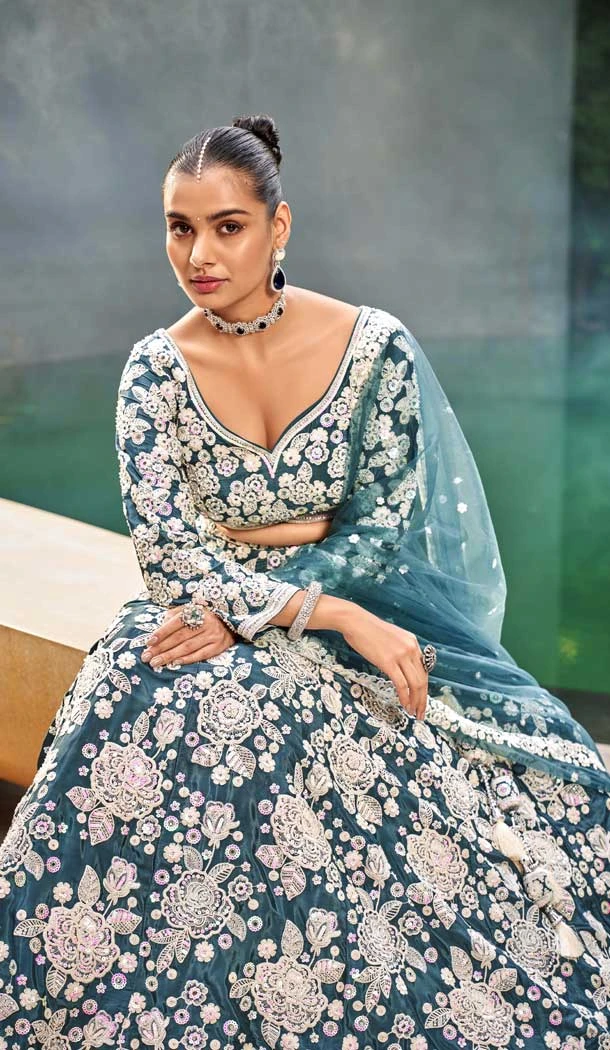 Satin Embroidered Designer Wear Lehenga Choli In Teal - 10451194036