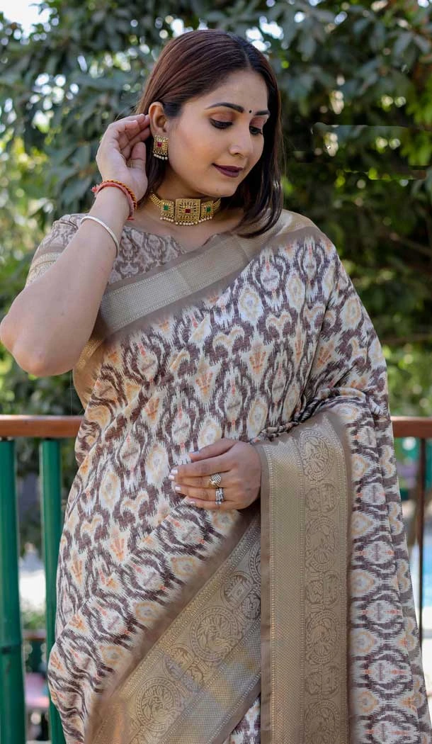Brown Dola Silk Printed Traditional Wear Saree - 10457194062