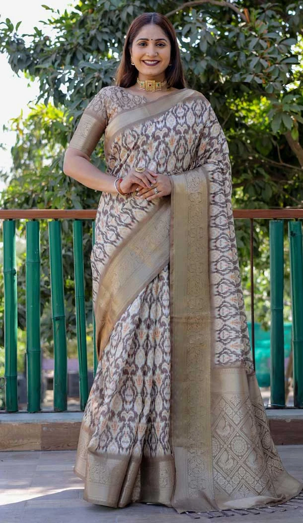 Brown Dola Silk Printed Traditional Wear Saree - 10457194062