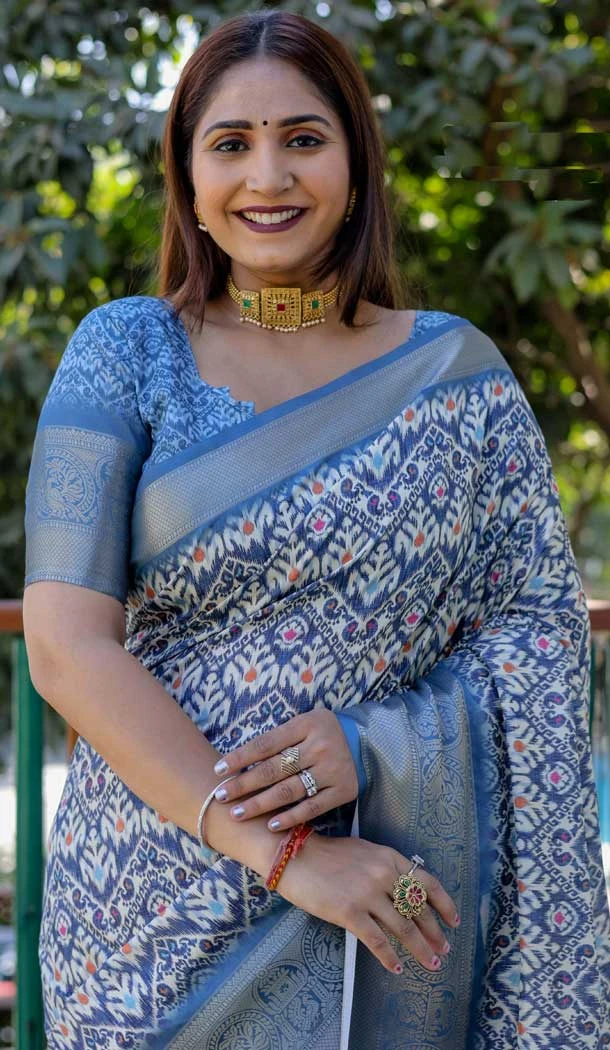 Blue Dola Silk Printed Traditional Wear Saree - 10457194063