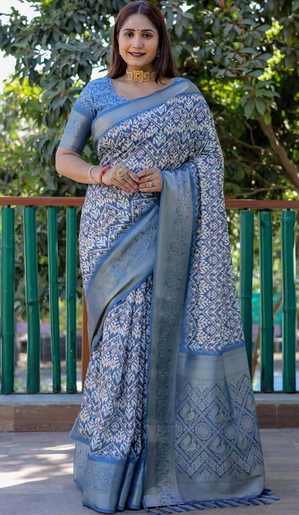 Blue Dola Silk Printed Traditional Wear Saree - 10457194063
