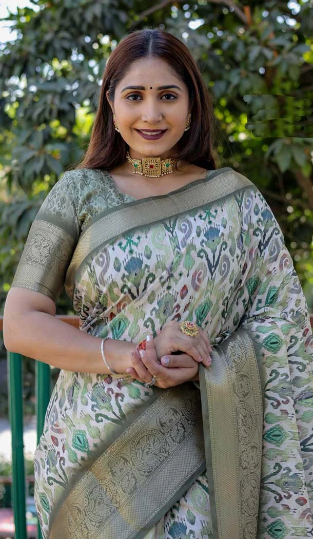 Green Dola Silk Printed Traditional Wear Saree - 10457194064