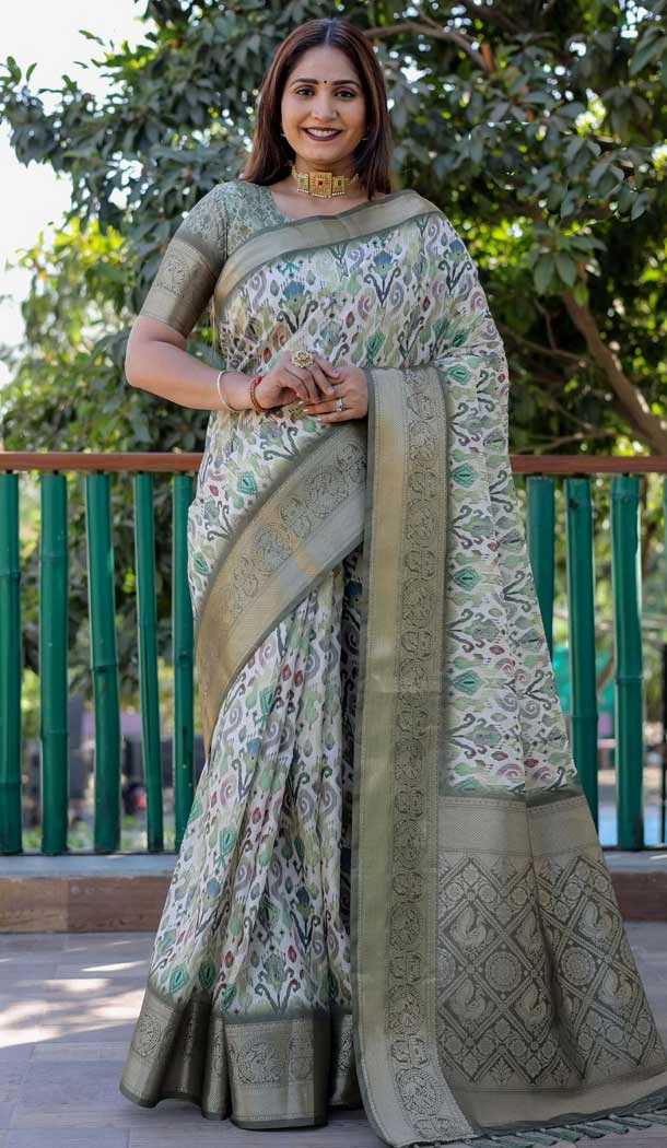 Green Dola Silk Printed Traditional Wear Saree - 10457194064