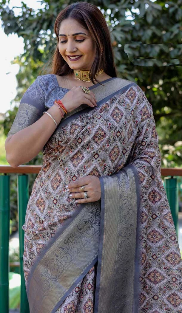 Grey Dola Silk Printed Traditional Wear Saree - 10457194065