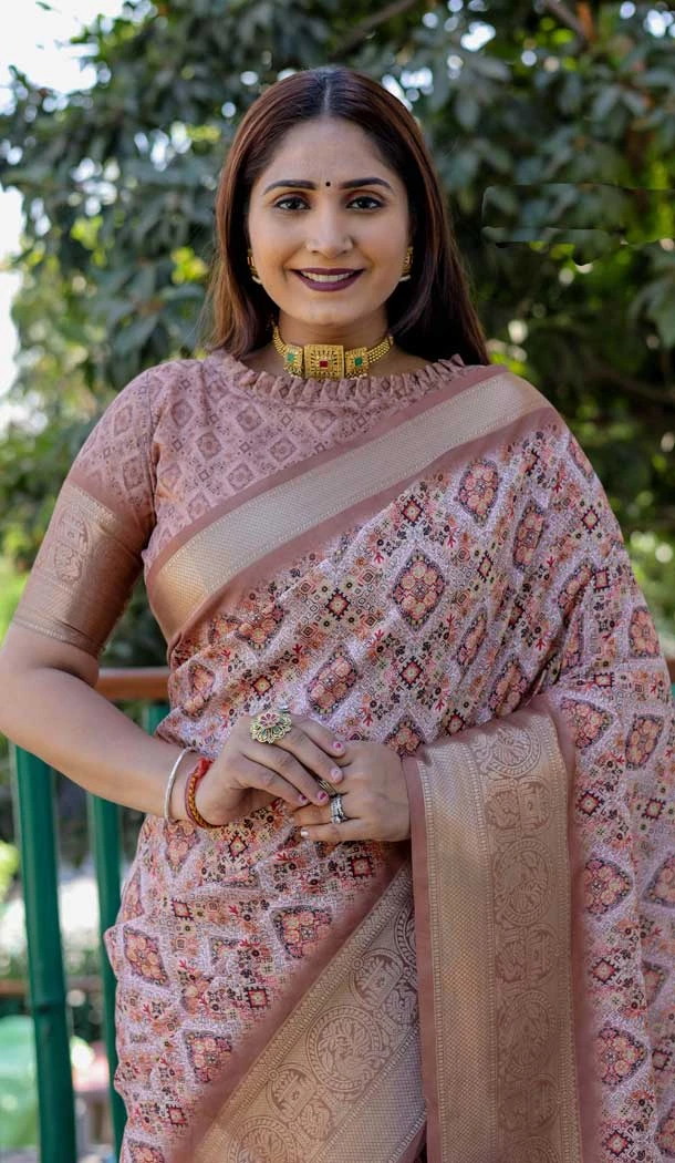 Peach Dola Silk Printed Traditional Wear Saree - 10457194067
