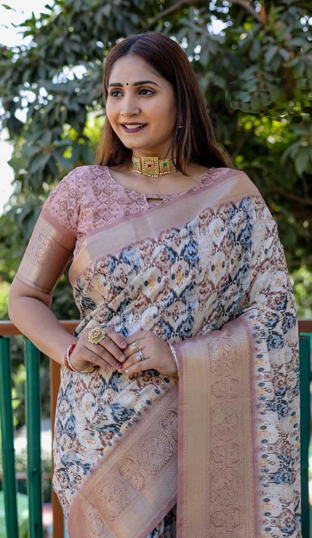 Cream Dola Silk Printed Traditional Wear Saree - 10457194071