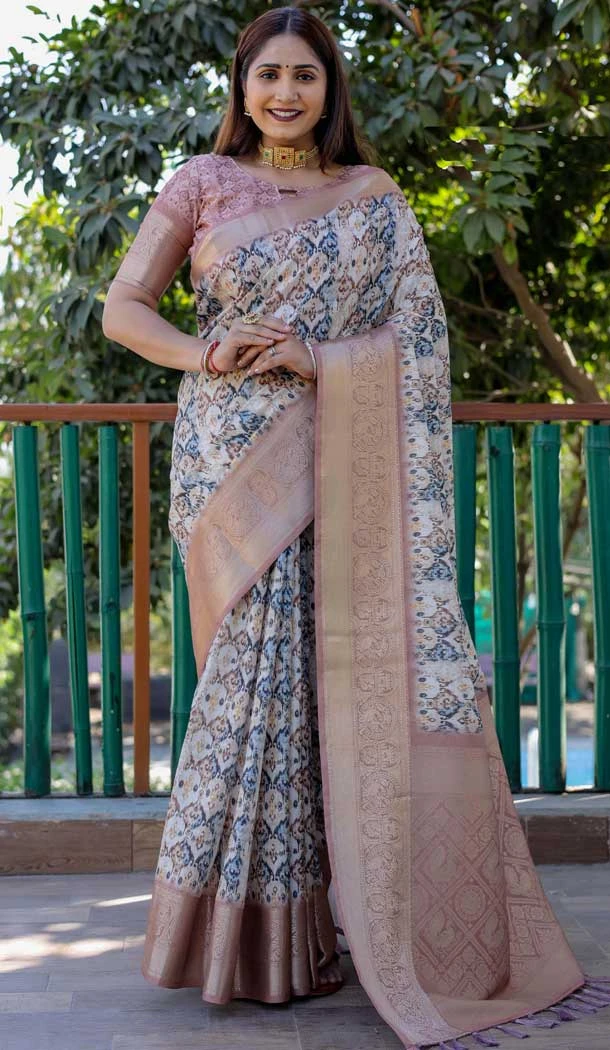 Cream Dola Silk Printed Traditional Wear Saree - 10457194071