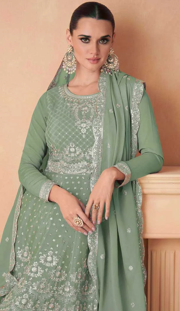 Chinon Sequins Work Pakistani Style Sharara Suit In Pista - 10471194126