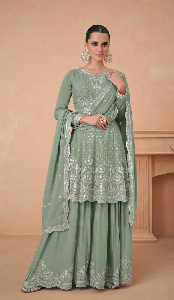 Chinon Sequins Work Pakistani Style Sharara Suit In Pista - 10471194126