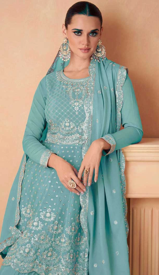 Chinon Sequins Work Pakistani Style Sharara Suit In Aqua Blue - 10471194127