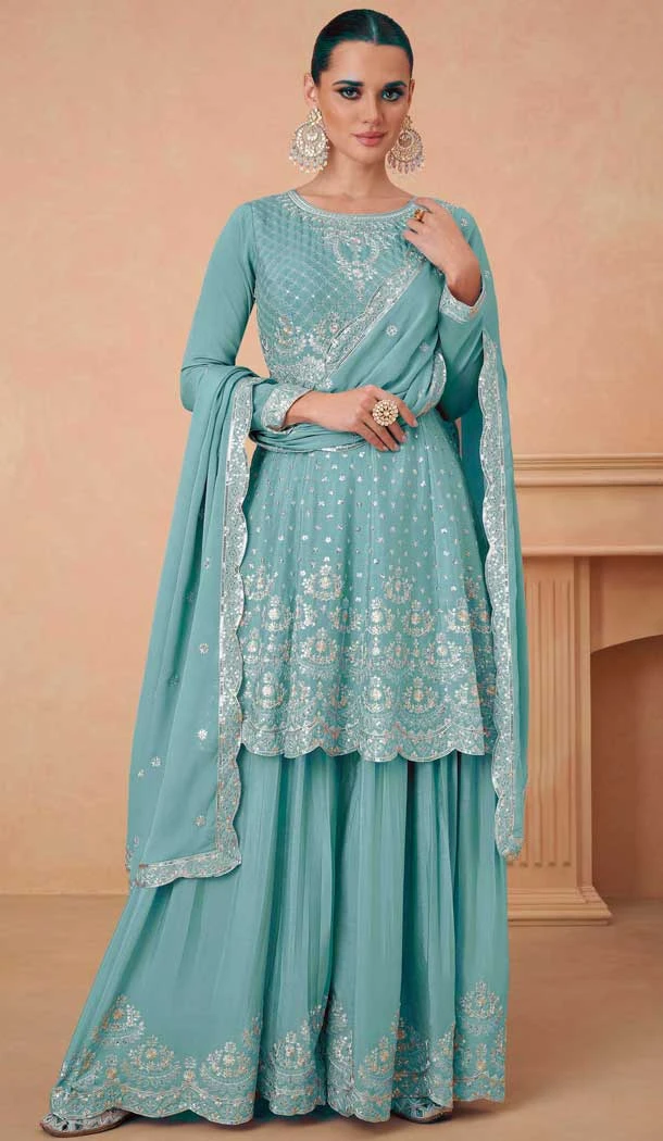 Chinon Sequins Work Pakistani Style Sharara Suit In Aqua Blue - 10471194127