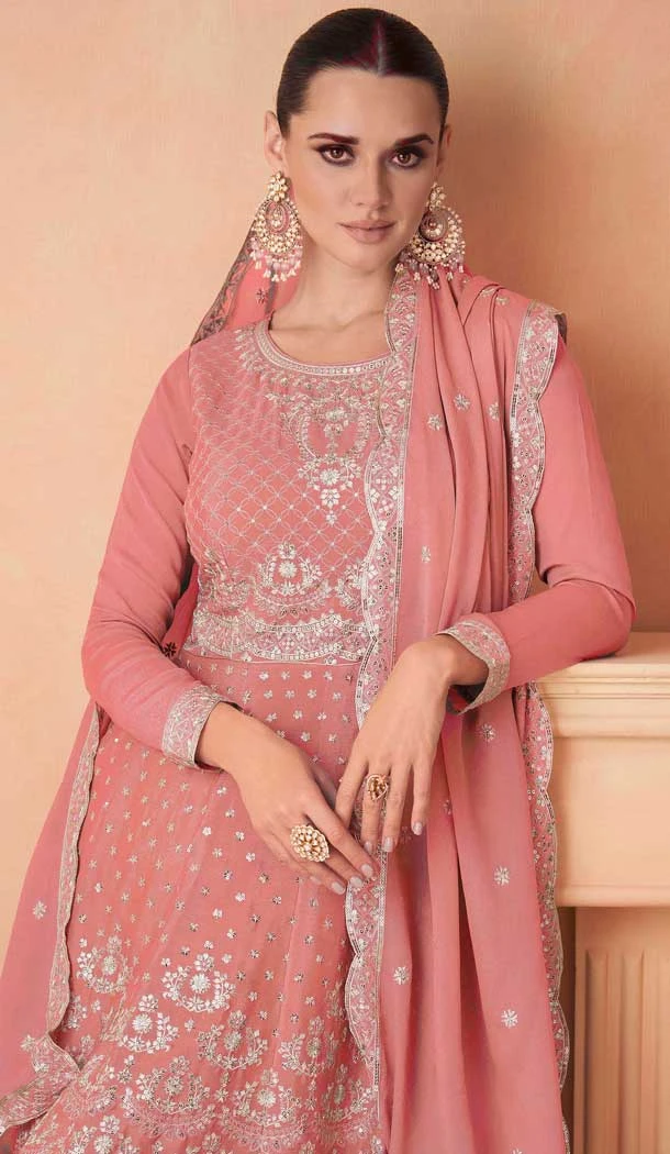 Chinon Sequins Work Pakistani Style Sharara Suit In Pink - 10471194128