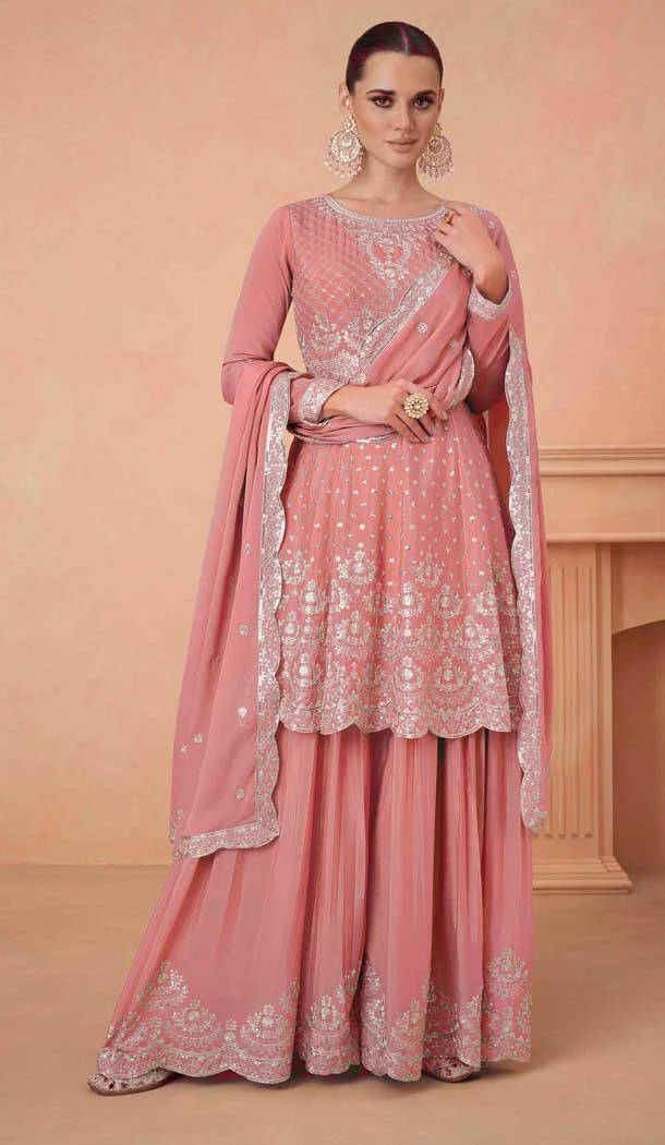 Chinon Sequins Work Pakistani Style Sharara Suit In Pink - 10471194128
