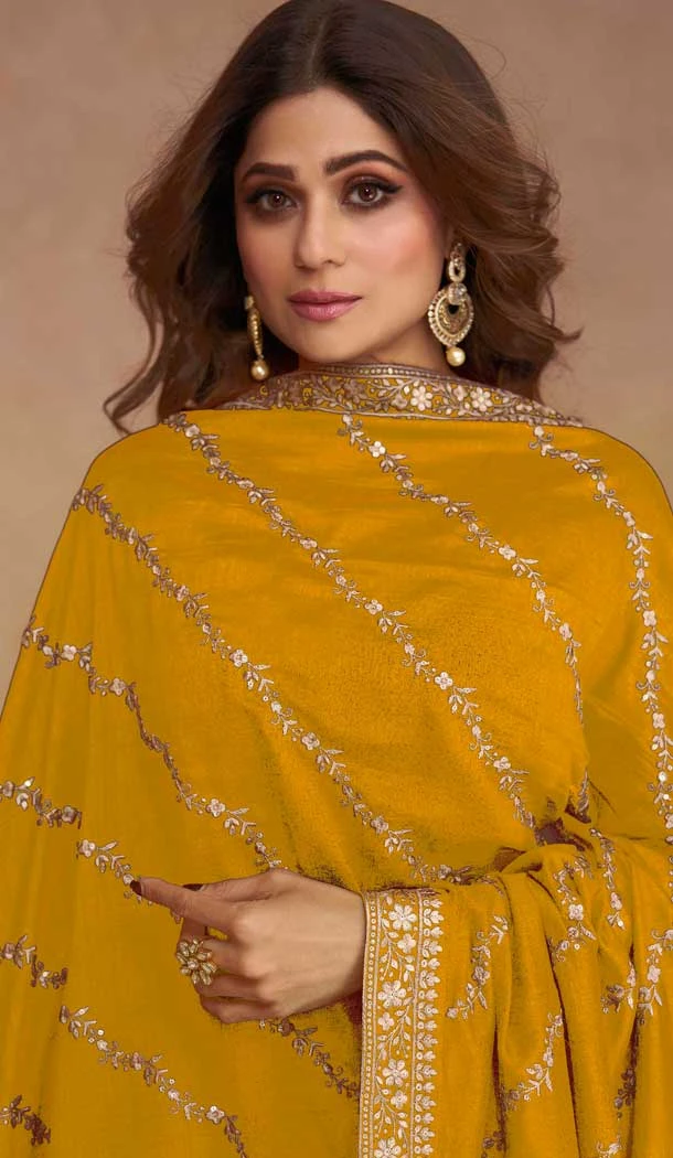 Mustard Premium Silk Embroidered Party Wear Salwar Kameez  - 10472194129