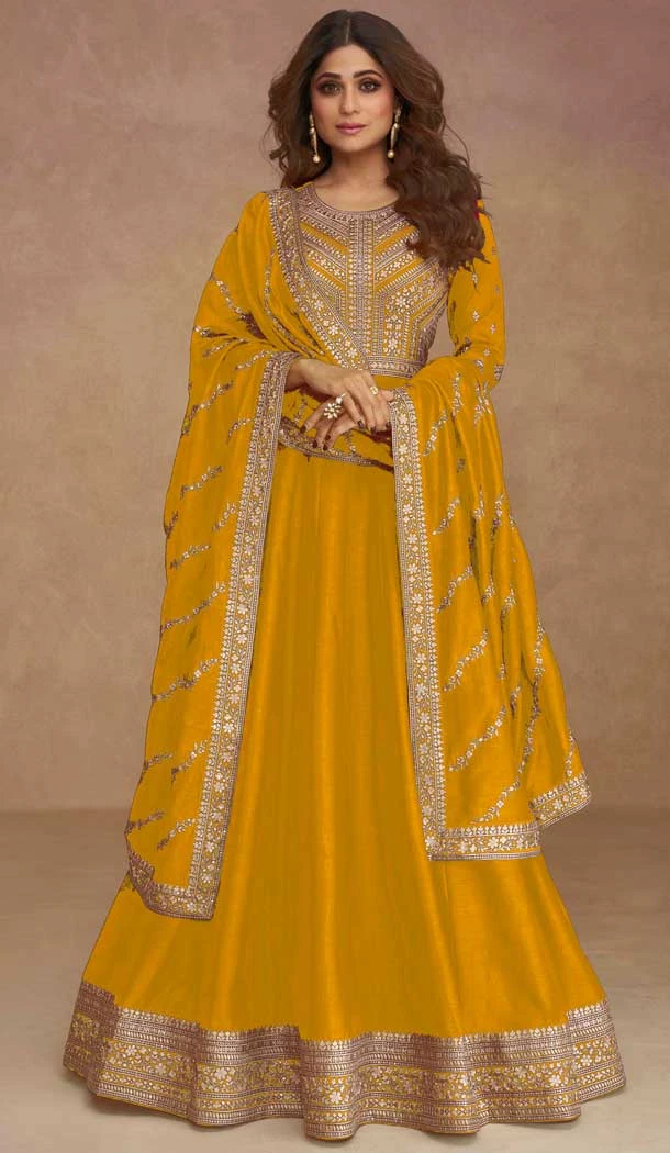 Mustard Premium Silk Embroidered Party Wear Salwar Kameez  - 10472194129