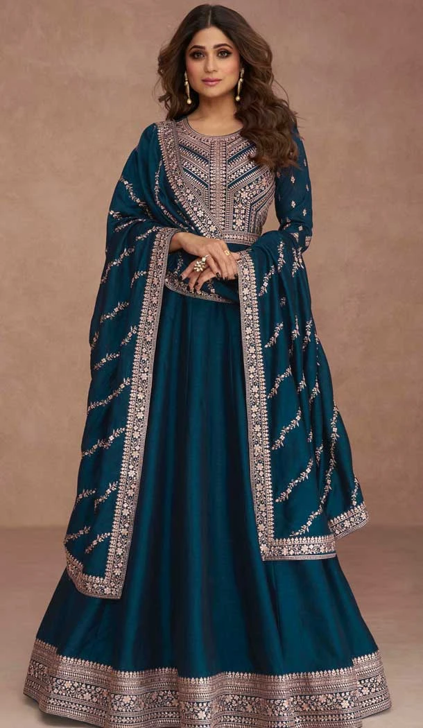 Teal Blue Premium Silk Embroidered Party Wear Salwar Kameez  - 10472194131