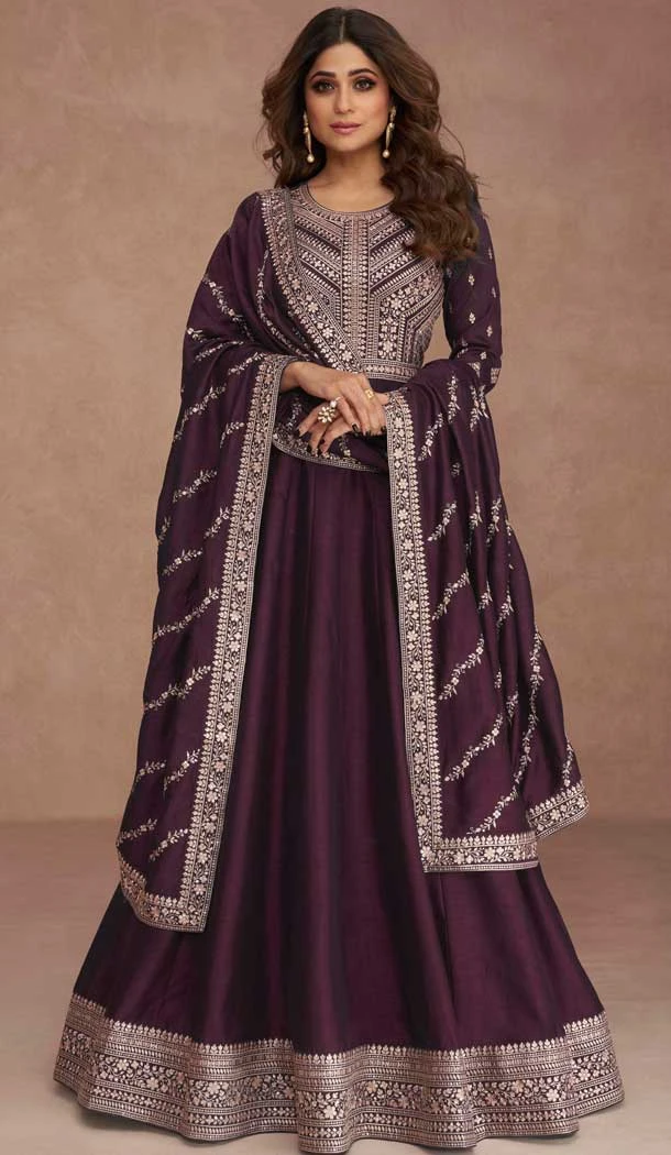 Wine Premium Silk Embroidered Party Wear Salwar Kameez  - 10472194133