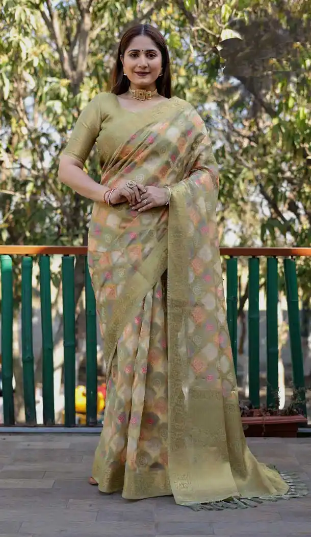 Dusty Green Organza Silk Zari Work Party Wear Saree - 10489194200