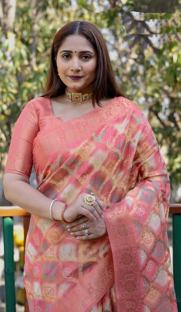 Peach Organza Silk Zari Work Party Wear Saree - 10489194201