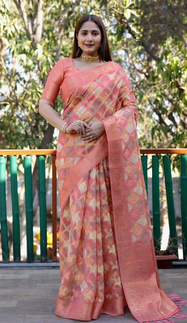 Peach Organza Silk Zari Work Party Wear Saree - 10489194201