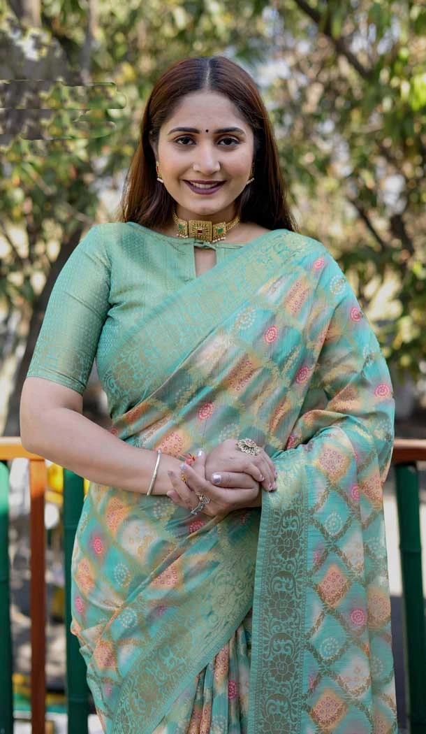 Sea Green Organza Silk Zari Work Party Wear Saree - 10489194202