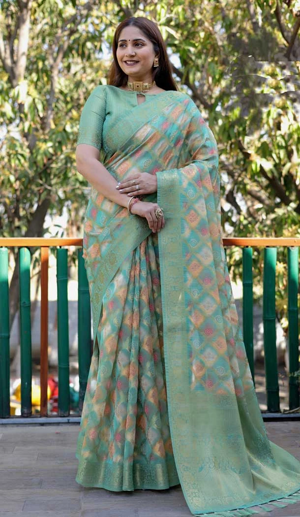 Sea Green Organza Silk Zari Work Party Wear Saree - 10489194202