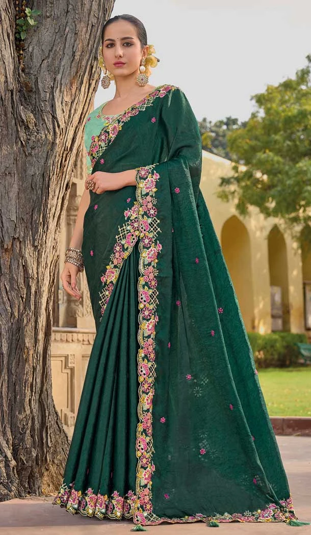 Green Organza Silk Sequins Work Designer Wear Saree - 10492194212