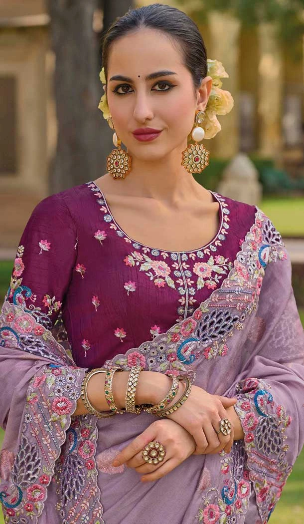 Lavender Organza Silk Sequins Work Designer Wear Saree - 10492194214