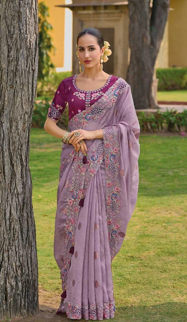 Lavender Organza Silk Sequins Work Designer Wear Saree - 10492194214