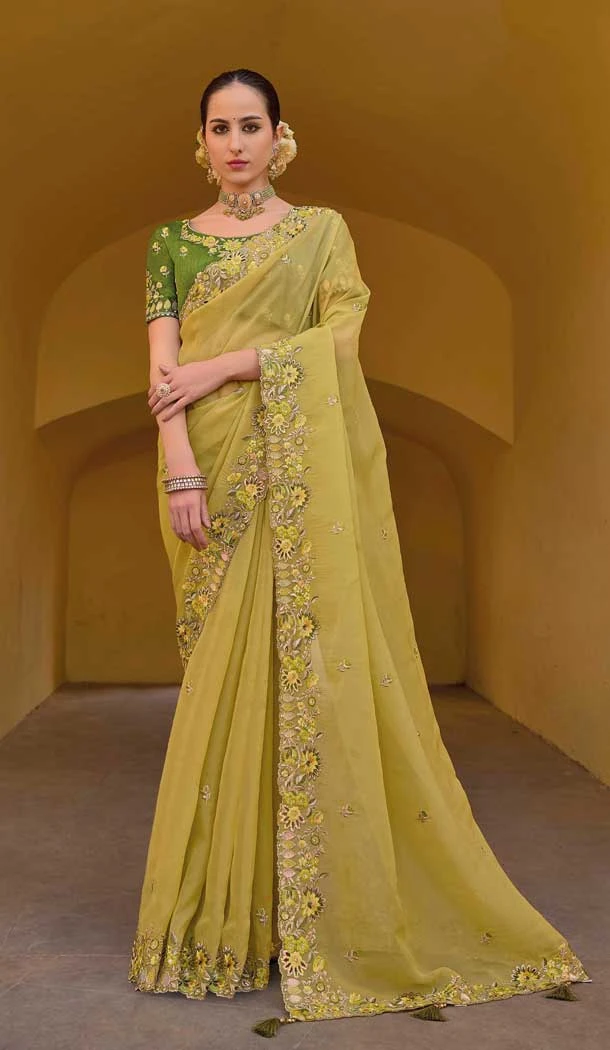 Light Yellow Organza Silk Sequins Work Designer Wear Saree - 10492194215