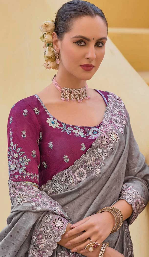 Grey Organza Silk Sequins Work Designer Wear Saree - 10492194216