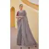 Grey Organza Silk Sequins Work Designer Wear Plus Size Saree - 10492194216