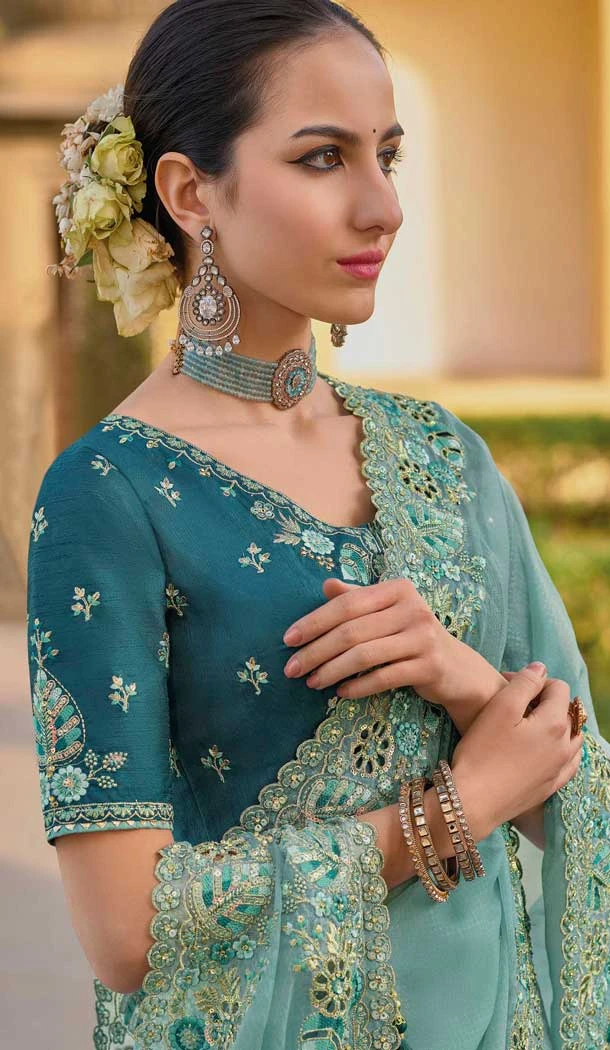 Blue Organza Silk Sequins Work Designer Wear Saree - 10492194217