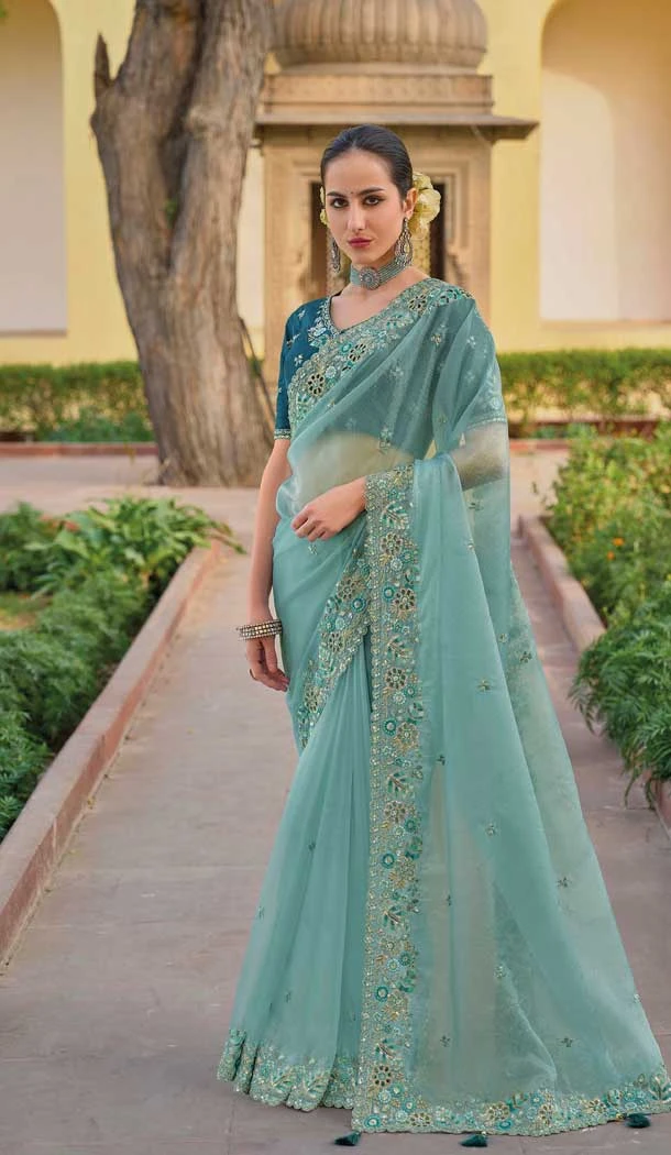 Blue Organza Silk Sequins Work Designer Wear Saree - 10492194217