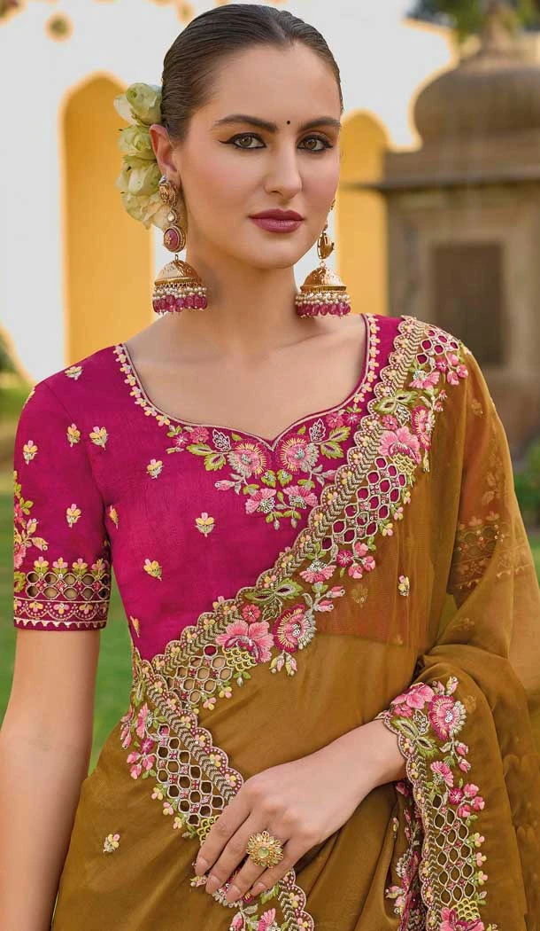 Mustard Organza Silk Sequins Work Designer Wear Saree - 10492194218