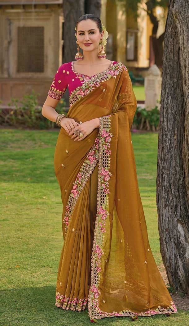 Mustard Organza Silk Sequins Work Designer Wear Saree - 10492194218
