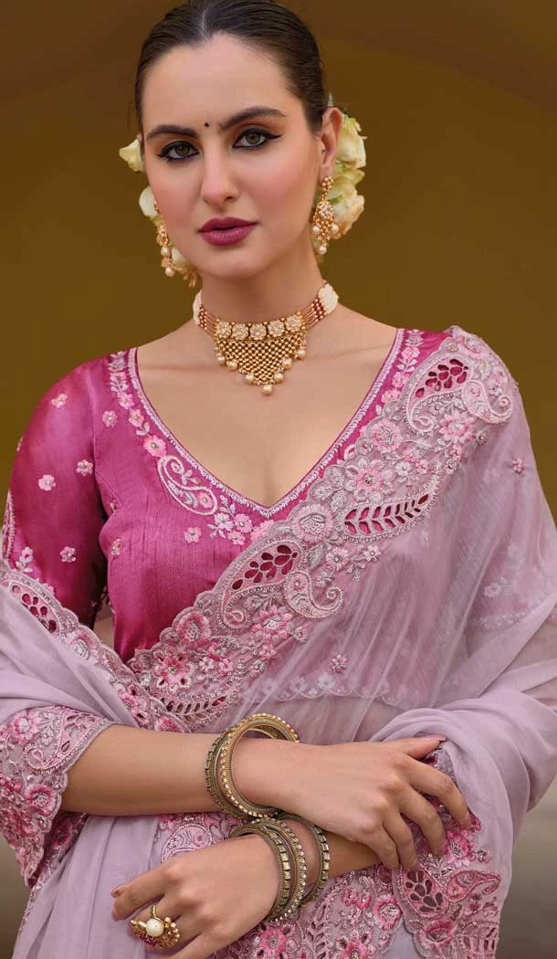 Organza Silk Sequins Work Designer Wear Saree In Lavender - 10492194219