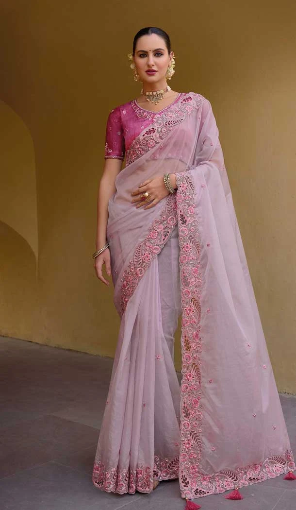 Organza Silk Sequins Work Designer Wear Saree In Lavender - 10492194219