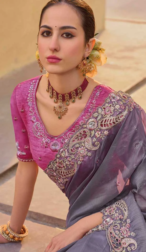 Dark Grey Organza Silk Sequins Work Designer Wear Saree - 10492194220