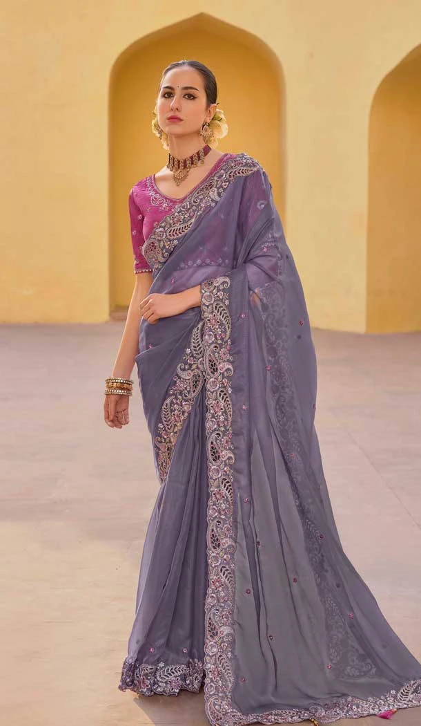 Dark Grey Organza Silk Sequins Work Designer Wear Saree - 10492194220