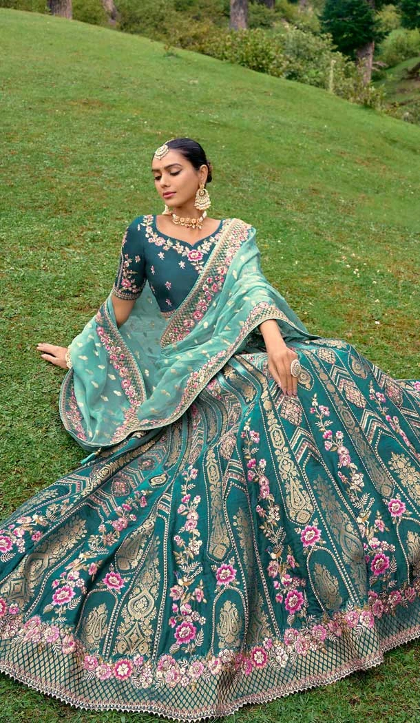 Teal Green Silk Sequins Work Wedding Wear Lehenga Choli - 10493194222