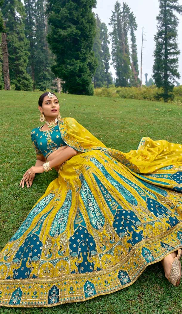 Mustard And Sky Blue Silk Sequins Work Wedding Wear Lehenga Choli - 10493194223