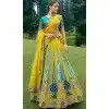 Mustard And Sky Blue Silk Sequins Work Wedding Wear Plus Size Lehenga Choli - 10493194223
