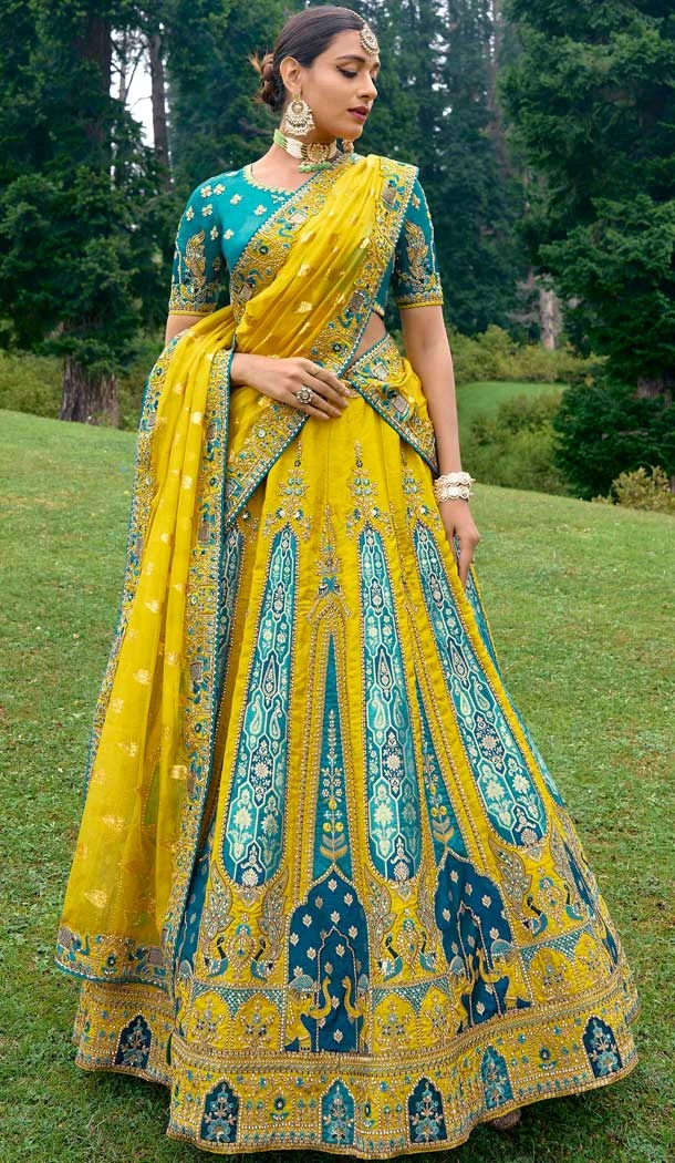 Mustard And Sky Blue Silk Sequins Work Wedding Wear Lehenga Choli - 10493194223