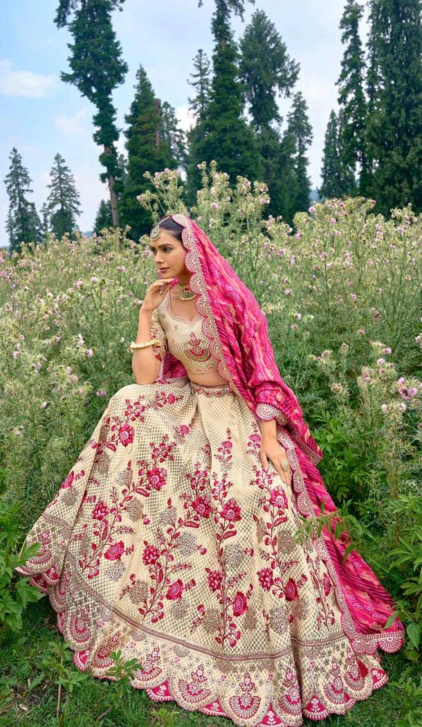 Off White Silk Sequins Work Wedding Wear Lehenga Choli - 10493194225