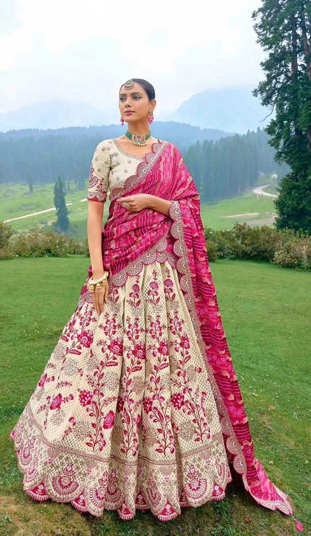 Off White Silk Sequins Work Wedding Wear Lehenga Choli - 10493194225