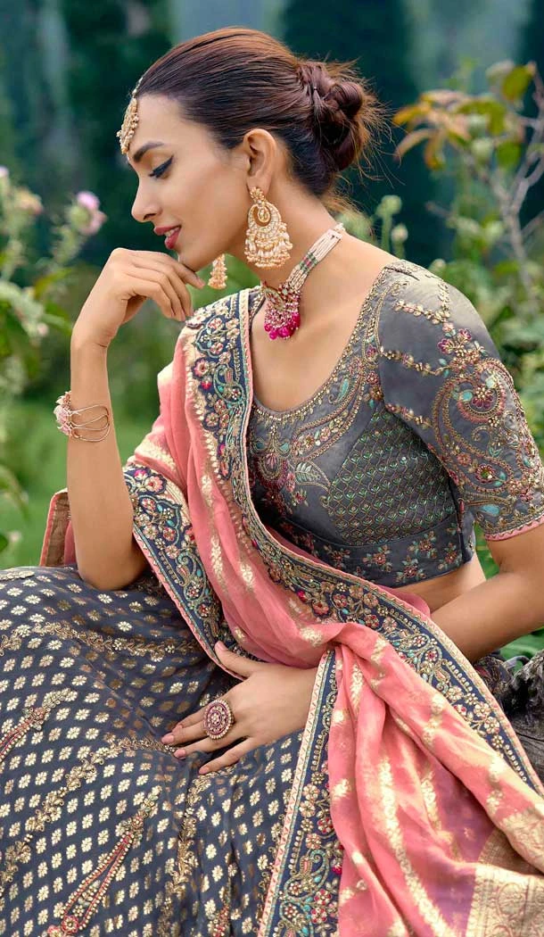 Grey Silk Embroidery Work Wedding Wear Lehenga Choli - 10493194230