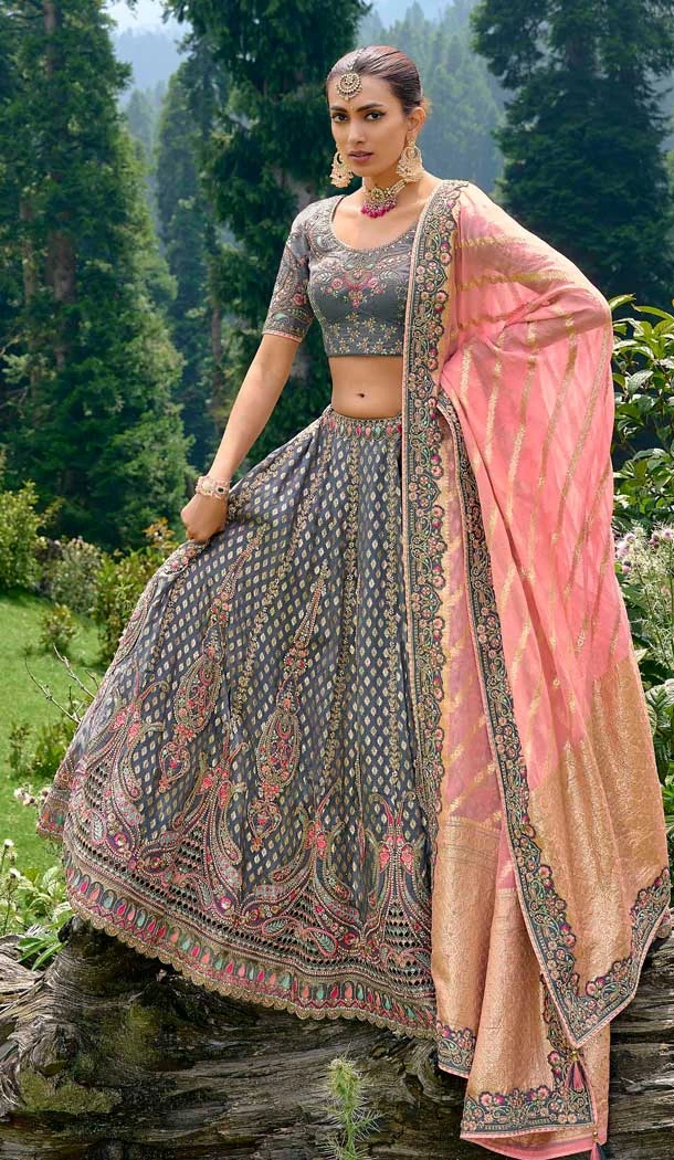 Grey Silk Embroidery Work Wedding Wear Lehenga Choli - 10493194230
